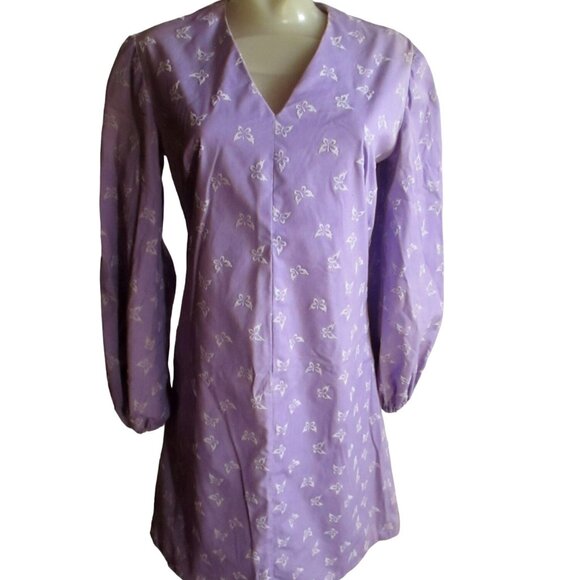 Small Vintage Women's Dress Cottage Core Butterfly Print Lilac Handmade 1970's - Picture 1 of 11